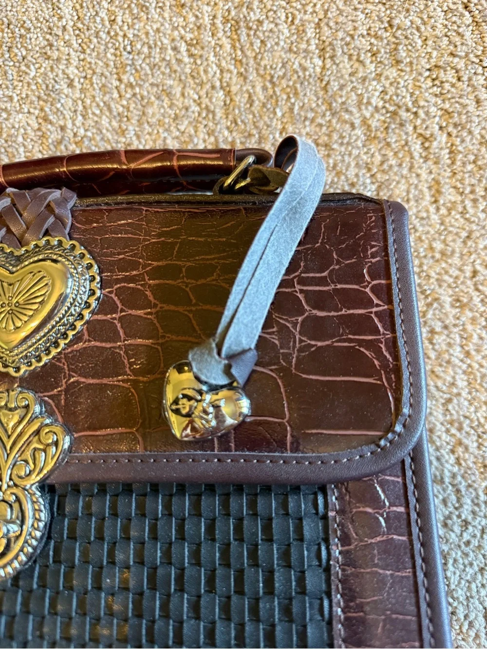 Brighton Brown and Black Croc-Embossed Satchel with Gold Heart Accents